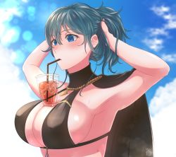 Rule 34 | 1girl, armpits, arms behind head, arms up, bikini, black bikini, black capelet, blue eyes, blue hair, blue sky, blush, breasts, bubble tea challenge, byleth (female) (fire emblem), byleth (female) (summer) (fire emblem), byleth (fire emblem), capelet, cleavage, cloud, commentary, drinking, drinking straw, fire emblem, fire emblem: three houses, fire emblem heroes, glass, hair between eyes, highres, large breasts, long hair, looking to the side, midriff, nintendo, object on breast, official alternate costume, sidelocks, signature, sky, solo, standing, sweat, swimsuit, tying hair, upper body, yori (a a yori)