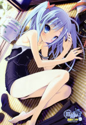 Rule 34 | 1girl, absurdres, artist name, bare shoulders, barefoot, blue eyes, blue hair, blush, clothes, clothes on floor, clothes pull, dutch angle, face, feet, fetal position, flat chest, hair ornament, hairpin, highres, long hair, looking at viewer, lying, matching hair/eyes, no nose, on side, one-piece swimsuit, one-piece swimsuit pull, one-piece tan, original, plantar flexion, school swimsuit, school uniform, skinny, skirt, smile, socks, unworn socks, solo, swimsuit, takahashi tetsuya, tan, tanline, tatami, twintails, wet