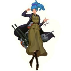 Rule 34 | 1girl, blue eyes, blue hair, full body, official art, orp wicher, salmon88, scissors, simple background, solo, standing, uniform, victory belles, white background