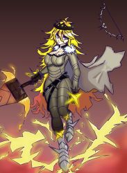 Rule 34 | absurdres, belt, blonde hair, bow, cape, fur, gloves, highres, original, red background, ruin r1, sword, thunder, weapon, yellow eyes