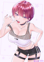 Rule 34 | 1girl, absurdres, black collar, black nails, black shorts, breasts, chromatic aberration, cleavage, collar, collarbone, crop top, earrings, hair behind ear, hand on own hip, highres, jewelry, leaning forward, medium breasts, mouth pull, multiple rings, navel, necklace, original, purple eyes, red hair, ring, short hair, short shorts, shorts, skindentation, solo, tank top, terano haruma, thigh strap, thong, twitter username, white tank top