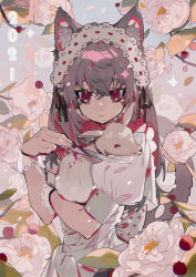 Rule 34 | 1girl, absurdres, animal, animal ear fluff, animal ears, apron, berry, black nails, black ribbon, brown hair, closed mouth, colored inner hair, commentary, dated, dress, falling petals, flower, goat, hair ribbon, highres, holding, holding animal, holding knife, knife, long hair, looking at viewer, maid headdress, multicolored hair, nail polish, original, petals, pink dress, pink flower, red eyes, red hair, ribbon, short sleeves, solo, symbol-only commentary, tail, taowu (20809), upper body, white apron, wolf ears, wolf tail, wrist cuffs