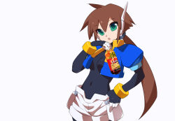 Rule 34 | 1girl, aile (mega man zx), black bodysuit, bodysuit, bottle, breasts, brown hair, covered navel, cropped jacket, drink, green eyes, holding, holding drink, jacket, kaidou zx, long hair, mega man (series), mega man zx, mega man zx advent, open clothes, open jacket, ponytail, robot ears, shorts, small breasts, solo, tagme, white shorts