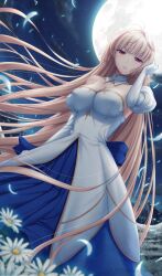 Rule 34 | 1girl, antenna hair, archetype earth, arcueid brunestud, blonde hair, blue dress, breasts, cleavage, cloud, detached collar, detached sleeves, dress, field, floating, flower, flower field, half-closed eyes, highres, large breasts, long hair, looking at viewer, melty blood, mixed-language commentary, miyai sen, moon, mountainous horizon, night, night sky, outdoors, petals, red eyes, single hair intake, sky, solo, strapless, strapless dress, tsukihime, two-tone dress, very long hair, white dress, white flower