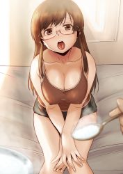 Rule 34 | 1girl, bare shoulders, breasts, brown eyes, brown hair, cleavage, collarbone, covered erect nipples, from above, fuwari, glasses, head tilt, holding, inu (aerodog), large breasts, long hair, looking at viewer, no bra, open mouth, oral invitation, pov, ren&#039;ai shimasen ka?, shirt, short shorts, shorts, sitting, solo, spoon, tank top, tongue, v arms