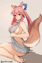 Rule 34 | 10s, 1girl, animal ears, arakure, artist name, backless outfit, bare arms, bare back, bare legs, bare shoulders, barefoot, beige background, blue bow, blush, bow, breasts, brown eyes, closed mouth, fate/extra, fate/grand order, fate (series), fox ears, fox tail, grey sweater, hair bow, large breasts, long hair, looking at viewer, looking back, medium breasts, meme attire, naked sweater, pink hair, sideboob, simple background, sitting, sleeveless, soles, solo, sweater, tail, tamamo no mae (fate/extra), toes, turtleneck, turtleneck sweater, twintails, twisted torso, virgin killer sweater, waeba yuusee, wariza
