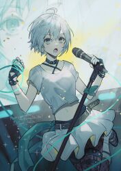 Rule 34 | 1girl, absurdres, ahoge, aqua eyes, choker, commission, fingerless gloves, fishnet pantyhose, fishnets, gloves, highres, microphone, microphone stand, midriff, miniskirt, music, open mouth, original, pantyhose, pixiv commission, shirt, short hair, singing, skirt, white hair, white shirt, white skirt, youmicitrustea