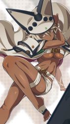 Rule 34 | 1girl, absurdres, arm support, bbhdrrr, belt bra, blank stare, blonde hair, breasts, cape, cleavage, covered navel, dark-skinned female, dark skin, expressionless, feet, guilty gear, guilty gear xrd, hair between eyes, hat, highres, leg up, long hair, looking at viewer, medium breasts, midriff, ramlethal valentine, short shorts, shorts, sidelocks, simple background, skindentation, solo, stomach, thigh strap, thighs, underboob, white cape