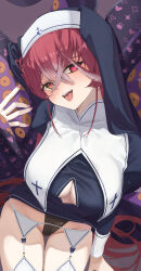 Rule 34 | 1girl, absurdres, black dress, black panties, blush, breasts, cleavage, clothing cutout, cross, dress, eyes visible through hair, fang, habit, hair between eyes, hat, heart, heterochromia, highres, holding tentacle, hololive, hololive english, houshou marine, large breasts, leaning forward, long hair, looking at viewer, multicolored hair, ninomae ina&#039;nis, noviceeeeeeee, nun, open mouth, panties, red eyes, solo, streaked hair, teeth, tentacles, thighhighs, thighs, tongue, tongue out, underwear, virtual youtuber, white thighhighs, yellow eyes