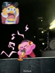 Rule 34 | copy ability, covering own ears, fan screaming at madison beer (meme), gloves, headphones, highres, holding, holding microphone, jiao (assppp655), king dedede, kirby, kirby (series), meme, microphone, mike kirby, music, musical note, nintendo, no humans, open mouth, pom pom (clothes), singing, yellow gloves