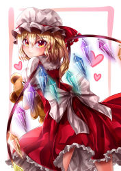 Rule 34 | 1girl, absurdres, back bow, blonde hair, blouse, bow, closed mouth, commentary request, cowboy shot, crystal, flandre scarlet, frilled shirt collar, frilled skirt, frilled sleeves, frills, from behind, glowing, glowing wings, hair between eyes, hat, hat ribbon, heart, highres, holding, holding stuffed toy, looking at viewer, looking back, mahoro (minase mahoro), medium hair, mob cap, multicolored wings, orange eyes, puffy short sleeves, puffy sleeves, red ribbon, red skirt, red vest, ribbon, shirt, short sleeves, side ponytail, simple background, skirt, skirt set, smile, solo, stuffed animal, stuffed toy, teddy bear, touhou, vest, white background, white bow, white hat, white shirt, wings