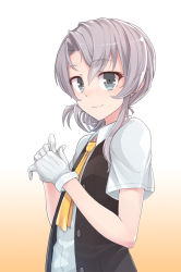 Rule 34 | 10s, 1girl, asymmetrical hair, black vest, blouse, buttons, collared shirt, flipped hair, from side, gloves, gradient background, grey eyes, grey hair, hands up, kantai collection, konnyaku (kk-monmon), long hair, looking at viewer, looking to the side, necktie, nowaki (kancolle), school uniform, shirt, short sleeves, simple background, smile, solo, upper body, vest, white gloves, white shirt, yellow necktie