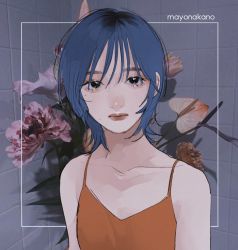 Rule 34 | 1girl, black eyes, blue hair, camisole, collarbone, flower, highres, looking at viewer, orange camisole, original, photo background, short hair, signature, solo, tami moon, upper body