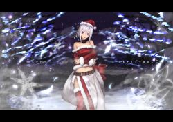 Rule 34 | 10s, 1girl, alternate costume, aranea highwind, ashiiru, christmas, crossed arms, final fantasy, final fantasy xv, fur trim, hat, highres, letterboxed, long skirt, looking at viewer, midriff, navel, open clothes, open skirt, santa costume, santa hat, silver hair, skirt, solo, thighhighs