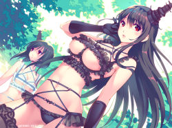 Rule 34 | 10s, 2girls, bdsm, black gloves, black hair, black panties, bondage outfit, breasts, elbow gloves, eyebrows, frilled panties, frills, fusou (kancolle), garter belt, garter straps, gloves, hair between eyes, hair ornament, kantai collection, lace, lace-trimmed legwear, lace trim, large breasts, lingerie, long hair, looking at viewer, looking away, multiple girls, navel, nishimura eri, panties, parted lips, public indecency, public nudity, red eyes, short hair, thighhighs, underboob, underwear, yamashiro (kancolle)