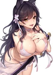 Rule 34 | animal ears, areola slip, atago (azur lane), atago (summer march) (azur lane), azur lane, bad id, bad twitter id, bikini, black hair, bow, breasts, cleavage, dikko, extra ears, flower, hair flower, hair ornament, inactive account, large breasts, long hair, mole, mole under eye, nipples, open mouth, ribbon, skirt, solo, swept bangs, swimsuit, sword, weapon, white background, white bikini, white bow, white ribbon, white skirt, yellow eyes