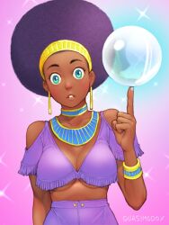 Rule 34 | 1girl, afro, alternate costume, alternate hairstyle, balancing, balancing on finger, bracelet, breasts, cleavage, clothing cutout, commentary, earrings, english commentary, gold hairband, green eyes, hairband, high-waist pants, index finger raised, jewelry, large breasts, lips, looking at viewer, medium breasts, menat, mismatched eyebrows, orb, pants, plunging neckline, purple background, purple hair, purple pants, purple shirt, quasimodox, shirt, shoulder cutout, solo, sparkle, street fighter, street fighter v, tassel, underboob, upper body, usekh collar