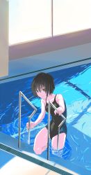 amagami bad_id bad_pixiv_id black_eyes black_hair competition_swimsuit guratan highres nanasaki_ai one-piece_swimsuit pool school_uniform solo swimsuit