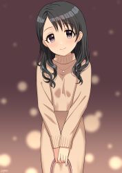Rule 34 | 1girl, aged up, bag, black eyes, black hair, brown background, brown dress, commentary, commission, cowboy shot, dotted background, dress, earrings, gradient background, high collar, highres, holding, holding bag, idolmaster, idolmaster cinderella girls, jewelry, light blush, long hair, long sleeves, looking at viewer, necklace, sasaki chie, signature, skeb commission, smile, solo, wavy hair, wgm oekaki