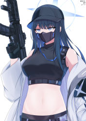 Rule 34 | 1girl, absurdres, armband, assault rifle, bare shoulders, baseball cap, belt, black belt, black gloves, black hair, black hat, black mask, black pants, black shirt, blue archive, blue eyes, blunt bangs, breasts, buckle, chest harness, chinese commentary, coat, commentary request, covered mouth, cowboy shot, crop top, dated, gloves, groin, gun, halo, hand up, harness, hat, highres, long hair, long sleeves, mask, medium breasts, midriff, mouth mask, navel, off shoulder, pants, rifle, ruoyun, saori (blue archive), scope, shirt, sig 516, sig sauer, signature, simple background, sleeveless, sleeveless shirt, snap-fit buckle, solo, standing, stomach, underbust, weapon, white background, white coat