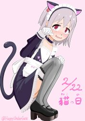 Rule 34 | 1boy, @ @, absurdres, animal ears, artist name, black choker, blush, cat day, cat ears, cat tail, choker, commentary, dated, embarrassed, frilled choker, frills, from side, gloves, grey thighhighs, hair bobbles, hair ornament, hand on own knee, happyundergate, high heels, highres, long sleeves, looking at viewer, maid, maid headdress, male focus, nervous smile, nervous sweating, nose blush, one side up, onii-chan wa oshimai!, open mouth, paw pose, paw print, pink background, platform footwear, red eyes, senkawa minato, short hair, simple background, smile, solo, squatting, sweat, tail, thighhighs, translated, trap, twitter username, wavy mouth, white gloves