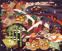 Rule 34 | 1girl, absurdly long hair, aqua eyes, bamboo, bare legs, barefoot, black background, black hair, cloud, commentary request, falling petals, flower, folding fan, from side, full body, hair ribbon, hand fan, hari611, japanese clothes, kimono, leaf, leg up, long hair, looking at viewer, looking to the side, lying, on back, open mouth, orange flower, original, petals, pleated skirt, print kimono, purple flower, red flower, red ribbon, red skirt, ribbon, skirt, solo, string, very long hair, white flower