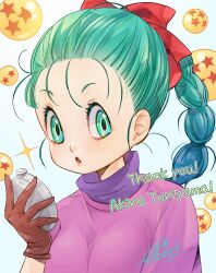 Rule 34 | 1girl, blue eyes, blue hair, braid, braided ponytail, brown gloves, bulma, commentary request, dragon ball, dragon ball (classic), dragon ball (object), dragon radar, gloves, gradient background, hair pulled back, hair ribbon, high ponytail, highres, holding, long hair, looking at viewer, open mouth, pink shirt, qoo1234, red ribbon, ribbon, shirt, signature, solo, sparkle, turtleneck, upper body