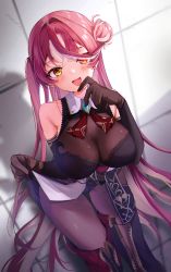 Rule 34 | 1girl, :d, absurdres, asymmetrical hair, bare shoulders, black footwear, black thighhighs, blush, bodystocking, boots, breasts, cleavage, elbow gloves, gloves, hair bun, heterochromia, highres, hololive, houshou marine, houshou marine (marching band), large breasts, leaning forward, leather, leather gloves, leotard, long hair, looking at viewer, official alternate hair color, official alternate hair length, official alternate hairstyle, one side up, open mouth, red eyes, red hair, see-through, see-through cleavage, see-through leotard, setokane, single side bun, smile, solo, thigh boots, thighhighs, virtual youtuber, white hair, yellow eyes