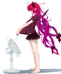 Rule 34 | 1girl, absurdres, alternate costume, bare legs, barefoot, black skirt, blue eyes, blush, bow, casual, closed mouth, clothes pull, commentary, deenamaito, demon horns, detached wings, electric fan, full body, gradient hair, hair bow, halo, highres, hololive, hololive english, horns, irys (hololive), long hair, low-tied long hair, microskirt, multicolored hair, pleated skirt, pointy ears, profile, pulled by self, purple hair, purple shirt, red hair, shirt, shirt pull, short sleeves, simple background, skirt, smile, solo, standing, two-tone hair, very long hair, virtual youtuber, white background, wings