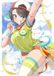 Rule 34 | 1girl, arm up, baseball cap, bird, blue eyes, blue sky, blue wristband, blush, border, breasts, brown hair, cloud, duck, hashira 14, hat, highres, holding, holding whistle, hololive, large breasts, looking at viewer, oozora subaru, oozora subaru (1st costume), red hat, shirt, shoes, short hair, short shorts, shorts, sky, smile, sneakers, solo, stopwatch, stopwatch around neck, striped clothes, striped shirt, thighhighs, two-tone headwear, vertical-striped clothes, vertical-striped shirt, virtual youtuber, watch, whistle, white border, white footwear, white hat, white shorts, white thighhighs, yellow shirt