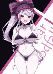 Rule 34 | 1girl, akikaze tsumuji, alternate breast size, bikini, black bikini, blush, breasts, character name, fang, head tilt, highres, large breasts, long hair, looking at viewer, open mouth, overlord (maruyama), pale skin, shalltear bloodfallen, silver hair, simple background, solo, swimsuit, thighs, vampire, very long hair, white background