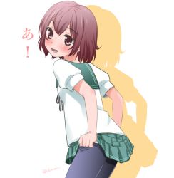 Rule 34 | 10s, 1girl, azeruma, black pantyhose, blush, brown eyes, brown hair, clothes pull, from side, hair ornament, kantai collection, long hair, looking at viewer, mutsuki (kancolle), open mouth, pantyhose, pantyhose pull, pleated skirt, school uniform, shirt, short hair, skirt, smile, solo, twitter username, white shirt