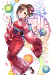 Rule 34 | 1girl, animal, black footwear, blush, breasts, brown eyes, brown hair, bug, butterfly, capura lin, closed mouth, commentary request, hair bun, hands up, highres, insect, japanese clothes, kimono, long sleeves, looking at viewer, obi, original, red kimono, sandals, sash, sidelocks, single hair bun, small breasts, smile, socks, solo, tabi, white socks, wide sleeves, zouri