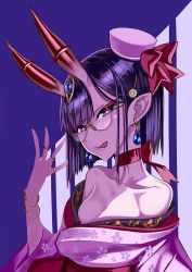 Rule 34 | 1girl, :p, bespectacled, bob cut, bracelet, choker, commentary request, earrings, fate/grand order, fate (series), glasses, hair ornament, hairpin, hat, honjou raita, horns, japanese clothes, jewelry, kimono, licking lips, looking at viewer, makeup, mascara, off shoulder, pointy ears, purple eyes, purple hair, ribbon choker, ring, short hair, shuten douji (dress for demons) (fate), shuten douji (fate), skin-covered horns, tongue, tongue out, wide sleeves