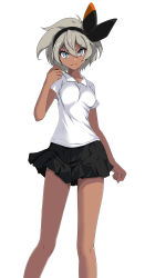 Rule 34 | 1girl, absurdres, bare arms, bare legs, bea (pokemon), black bow, black hairband, black skirt, blue eyes, bow, bow hairband, breasts, collarbone, collared shirt, creatures (company), game freak, hair between eyes, hair bow, hairband, highres, looking at viewer, medium breasts, medium hair, miniskirt, nintendo, pleated skirt, pokemon, pokemon swsh, shirt, short sleeves, silver hair, simple background, skirt, solo, tsukishiro saika, v-shaped eyebrows, white background, white shirt, wing collar