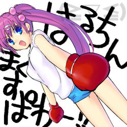 Rule 34 | blue eyes, boxing gloves, fuyuichi, little busters!, lowres, purple hair, saigusa haruka, side ponytail, solo