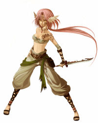 Rule 34 | 1girl, bandeau, head wings, knife, original, pink hair, ponytail, sandals, solo, souya touki, strapless, tattoo, tube top, weapon, wing ears, wings, yellow eyes