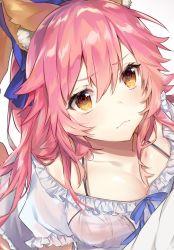 Rule 34 | 1girl, alternate costume, animal ear fluff, animal ears, breast press, breasts, casual, cleavage, collarbone, fate/grand order, fate (series), fox ears, fox tail, large breasts, looking at viewer, nana kagura, pink hair, ringed eyes, simple background, solo, tail, tamamo no mae (fate/extra), white background, yellow eyes