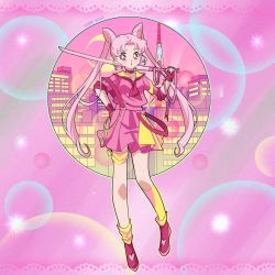 Rule 34 | 1girl, artist name, bishoujo senshi sailor moon, chibi usa, city, commission, cure nico, earrings, heart, highres, jewelry, open mouth, pink background, pink footwear, pink hair, pink skirt, retro artstyle, sailor chibi moon, sailor collar, skirt, solo, sword, tokyo tower, weapon