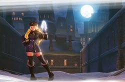 Rule 34 | 1girl, absurdres, blonde hair, blue eyes, boots, brick wall, building, capcom, city, coat, contrapposto, full body, fur-trimmed boots, fur-trimmed coat, fur hat, fur trim, gloves, hand on own hip, hat, highres, ice, kolin, looking at viewer, moon, night, night sky, official art, outdoors, running bond, sky, snow, solo, standing, street fighter, street fighter v, thighhighs, ushanka, zettai ryouiki