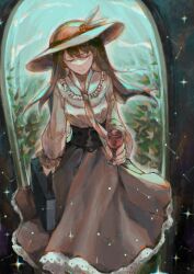 Rule 34 | abstract background, brown hair, brown skirt, closed eyes, constellation, cup, door, drinking glass, fors wall, hat, highres, holding, holding cup, holding suitcase, long hair, lord of the mysteries, necktie, shaded face, shirt, skirt, smile, star (sky), suitcase, walking, wind, wine glass, yellow shirt, zhouliang48183