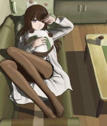 Rule 34 | 1girl, blue eyes, brown hair, coffee, couch, cup, feet, lab coat, legs, long hair, lying, makise kurisu, mocha, morning, mug, hugging object, on back, pantyhose, pantyhose under shorts, pillow, pillow hug, resized, revision, ringed eyes, shorts, sleepy, solo, steins;gate, wince