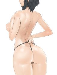 Rule 34 | 1girl, ass, black hair, black panties, breasts, butt crack, damegane, from behind, head out of frame, highres, original, panties, panty pull, profile, short hair, simple background, solo, thong, topless, underwear, wedgie, white background