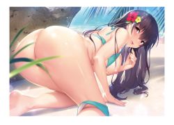 Rule 34 | 1girl, absurdres, all fours, ass, bare legs, bare shoulders, barefoot, beach, bikini, bikini around one leg, black hair, blue sky, blush, boku no mirai wa koi to kakin to, breasts, breasts out, brown eyes, convenient censoring, day, flower, from behind, green bikini, hair between eyes, hair flower, hair ornament, hanging breasts, highres, large breasts, leaf, leaf censor, long hair, looking at viewer, looking back, nipples, nironiro, ocean, open mouth, outdoors, sideboob, sky, smile, solo, swimsuit, wataya azusa, water