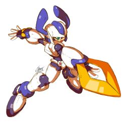Rule 34 | 1girl, arm blade, black bodysuit, bodysuit, brown hair, cosplay, cropped jacket, crossover, crotch plate, green eyes, highres, horns, jacket, medarot, mega man (series), mega man zx, open clothes, rokusho (medarot), rokusho (medarot) (cosplay), short hair, shoutaro saito, signature, simple background, vent (mega man), weapon, white background