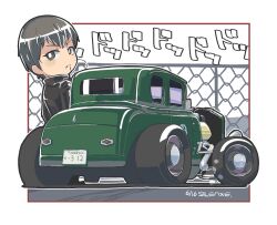 Rule 34 | 1girl, artist name, black eyes, black hair, black jacket, bright pupils, car, chain-link fence, chibi, dated, fence, ford, ford model b, frown, girls und panzer, hair behind ear, jacket, leather, leather jacket, license plate, looking back, motor vehicle, naomi (girls und panzer), shadow, silenxe, solo, sound effects, v-shaped eyebrows, vehicle focus, white pupils