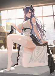 Rule 34 | 1girl, absurdres, arm garter, august von parseval (azur lane), august von parseval (the conquered unhulde) (azur lane), azur lane, bare shoulders, black dress, black footwear, black hair, blue eyes, blush, breasts, day, dido (magicc), dress, frilled dress, frilled hairband, frills, full body, garter straps, hair over one eye, hairband, high heels, highres, holding, holding clothes, holding footwear, holding shoes, horns, indoors, large breasts, long hair, looking at viewer, maid, maid headdress, mechanical horns, official alternate costume, one eye covered, on one knee, parted lips, pelvic curtain, shelf, shoes, unworn shoes, sideboob, skirt hold, solo, table, thighhighs, thighs, underbust, very long hair, white hairband, white thighhighs, window
