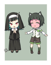 Rule 34 | 2girls, nanashi inc., alternate costume, animal ear fluff, animal ears, animare, black dress, black footwear, black hair, black headwear, black ribbon, black shorts, blue hair, blunt bangs, blush, commentary request, cross, cross necklace, demon girl, demon horns, demon tail, dog ears, dress, fang, full-face blush, full body, green background, green eyes, green legwear, habit, hashiba natsumi (animare), highres, horns, jewelry, long hair, looking at viewer, multicolored hair, multiple girls, neck ribbon, necklace, nun, open mouth, own hands together, red eyes, ribbon, rose22, shishio chris, shoes, short hair, shorts, simple background, smile, smug, sugar lyric, tail, thick eyebrows, two-tone background, two-tone hair, vest, virtual youtuber, white background, white vest, wide sleeves