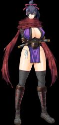 Rule 34 | 1girl, black background, black hair, breasts, highres, kunoichi, ninja, ponytail, red scarf, scarf, solo, suzaku, sword, uncensored, weapon