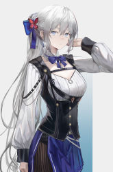Rule 34 | 1girl, absurdres, arm at side, arm up, blue bow, blue eyes, bow, braid, breasts, butterfly hair ornament, cleavage, contemporary, cowboy shot, fate/grand order, fate (series), french braid, grey hair, hair between eyes, hair bow, hair ornament, highres, jenmin12, large breasts, long hair, long sleeves, looking at viewer, morgan le fay (fate), parted lips, ponytail, sidelocks, solo, very long hair